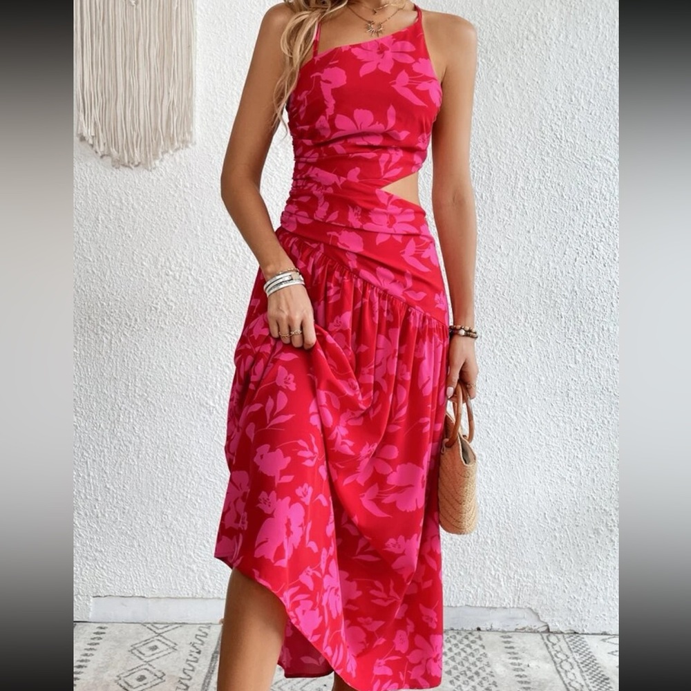 Boho Floral Print Criss Cross Open Back Ruched Cut Out Maxi Dress - Picture 3 of 9